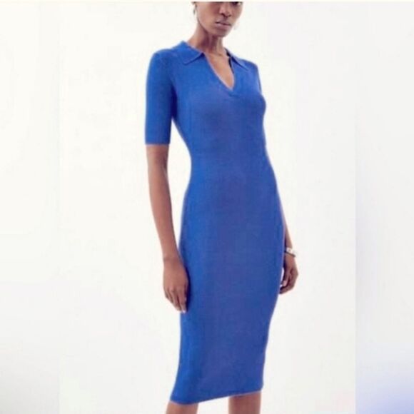 Caroline Constas Ribbed Knit V-Neck Midi Sweater Dress Blue Size Small - Picture 1 of 7